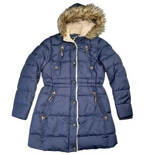 Lauren Ralph Lauren Navy Blue Down Puffer Coat Faux Fur Hood Sherpa Trim Small